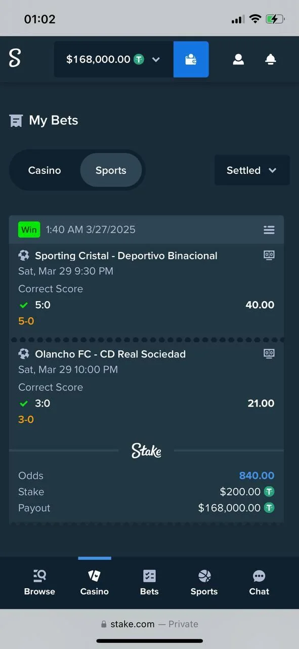 Example of an uncapped win paid out on Stake